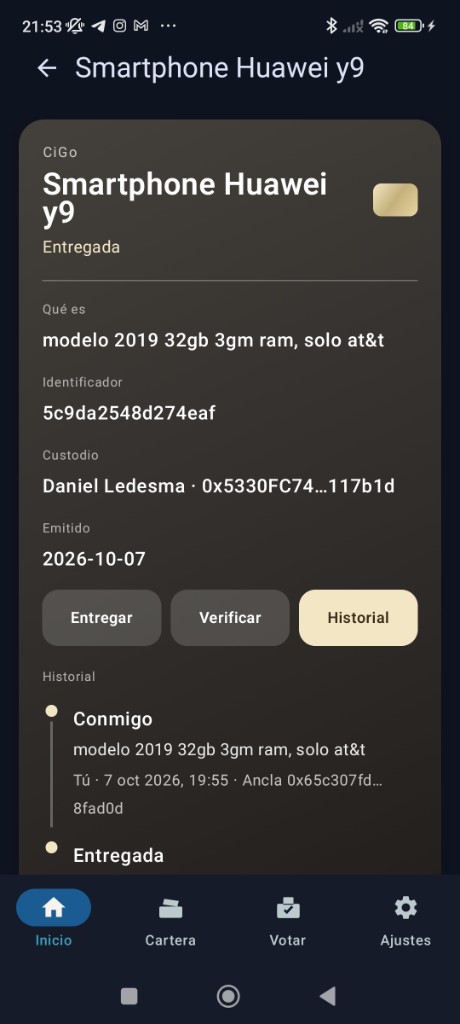 Pasaporte de un objeto en CiGo, con custodio e historial de entrega