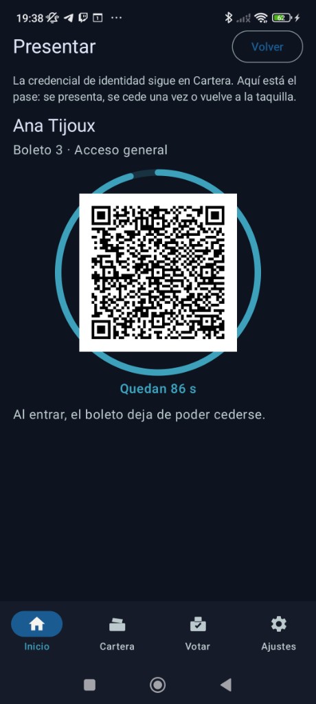 Presentación de un boleto con código de un solo uso y cuenta regresiva