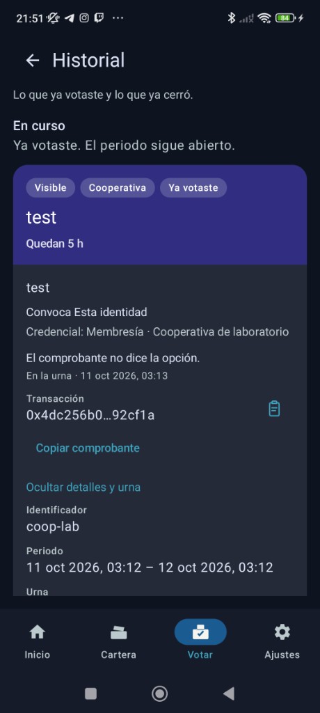 Historial de voto en CiGo, con comprobante que no revela la opción