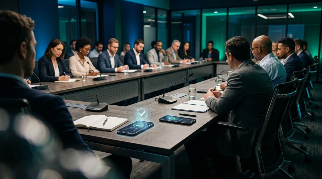 Asamblea en una mesa, con el teléfono de quien vota